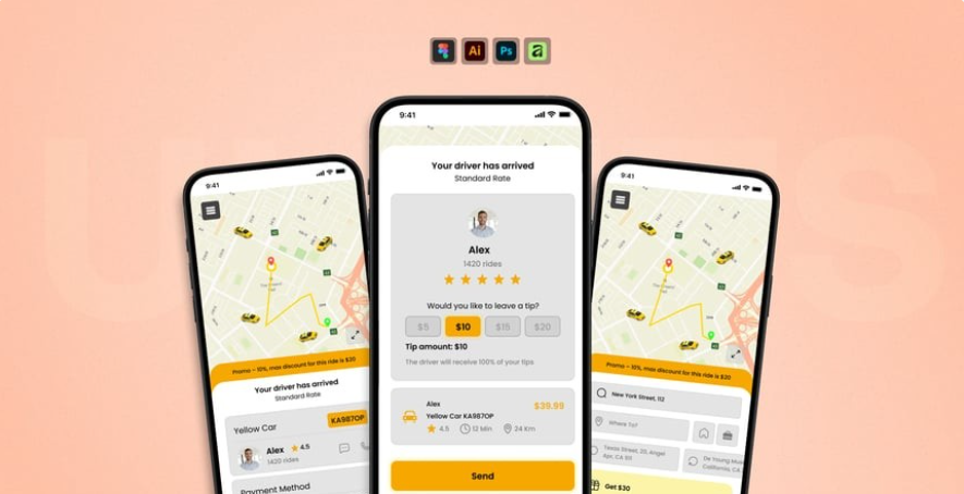7c44dd65-dd26-46fd-b03f-5c988e414520 Online taxi-hailing application UI interface template kit - Image 1