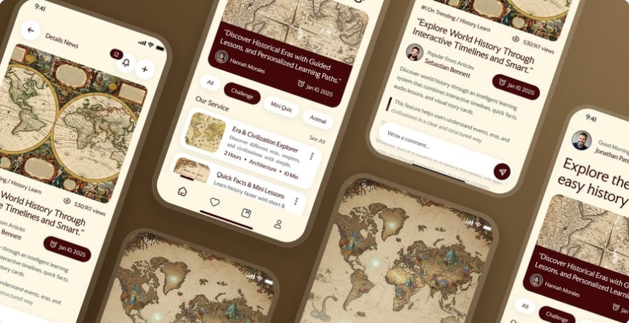 7f806bbe-89ef-4494-a8a5-2caf9d0a37cb High-quality historical education app UI interface template - Image 1