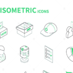 Collection of green and environmentally friendly isometric 2.5D vector linear icons
